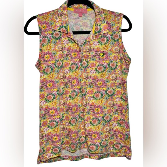 Magnolia Lane Floral Masters Sleeveless Collared Top Bright Golf Pickleball SZ L - Picture 1 of 4
